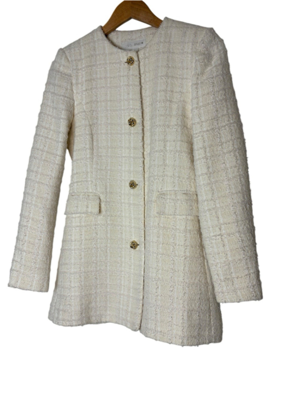 Zara Tweed Bouclé Blazer Jacket Ivory Cream Longline Gold Buttons Size S - Picture 9 of 12